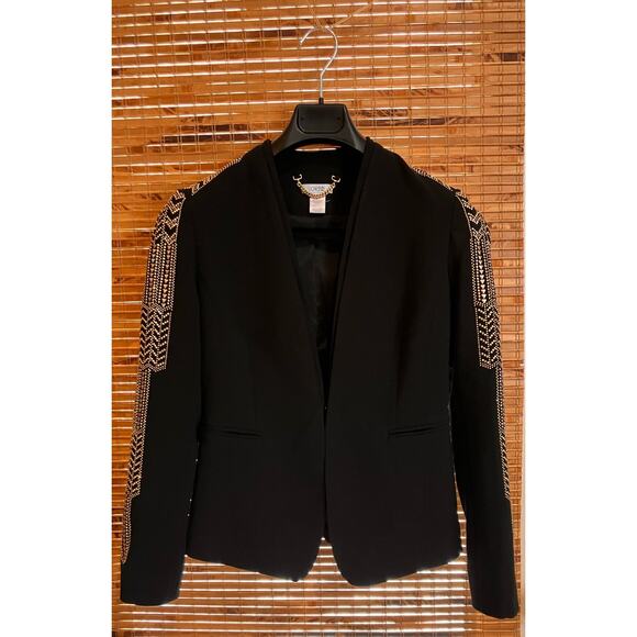 Caché Black Embellished Lined Blazer sz 4 Metal Accents Aztec Southwestern Gold - Picture 2 of 7